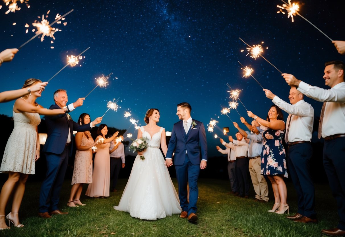 A couple walks hand in hand under a starry night sky, surrounded by friends and family holding sparklers, as they bid farewell to their wedding day