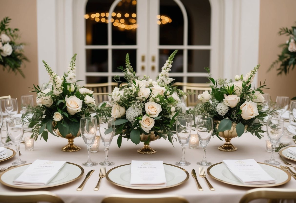 A floral centerpiece sits between the bride and groom at the wedding, with elegant place settings and sparkling glassware arranged on the table