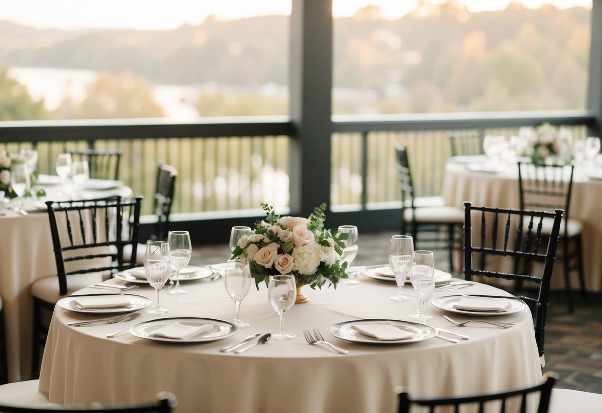 A round table with elegant place settings, a floral centerpiece, and two empty chairs at the head for the bride and groom