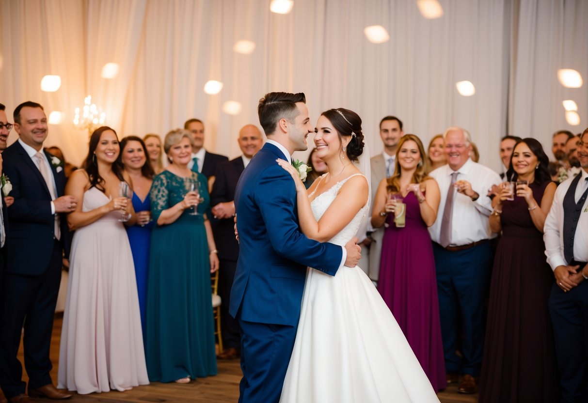 A bride and groom stand arm in arm, surrounded by friends and family, as they sway to a heartfelt farewell song at their wedding reception