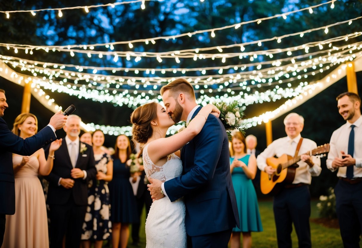 A couple embraces under a canopy of twinkling lights, surrounded by loved ones, as a musician plays a heartfelt farewell song on a guitar