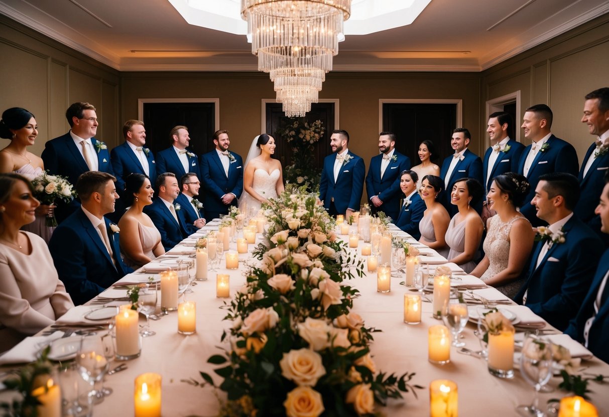 The bride and groom sit at the center of a long, elegant table, surrounded by their bridal party. The table is adorned with floral centerpieces and glowing candles, creating a warm and romantic atmosphere