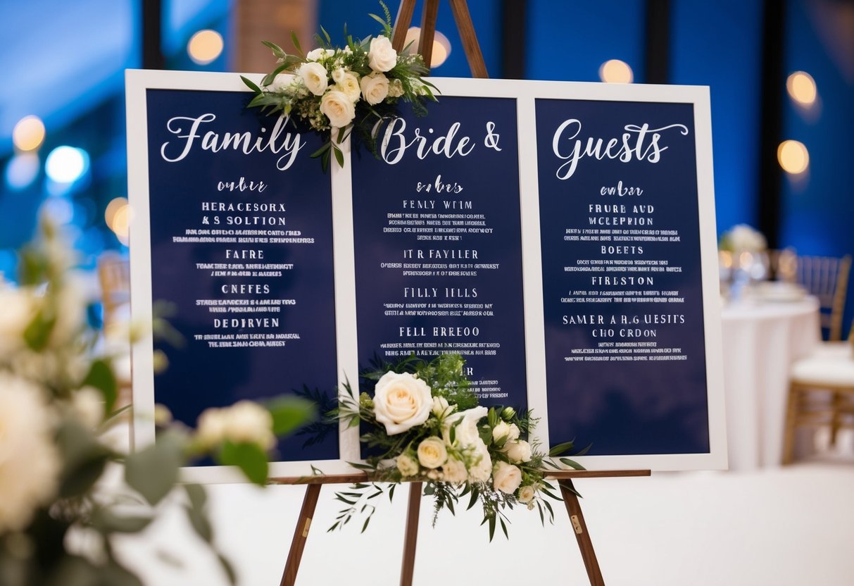 A wedding reception seating chart with designated spots for family and guests, including the seats next to the bride and groom
