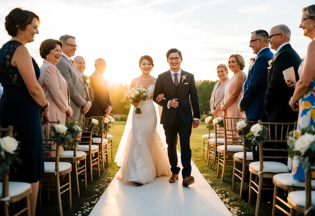 A couple walks down the aisle, surrounded by smiling guests, as the sun sets behind them, casting a warm glow over the scene
