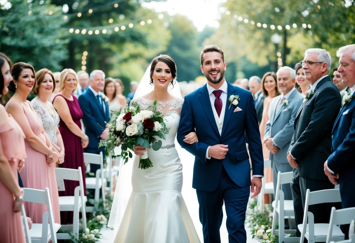 A bride and groom walk down the aisle, surrounded by their loved ones, as the perfect recessional song plays in the background