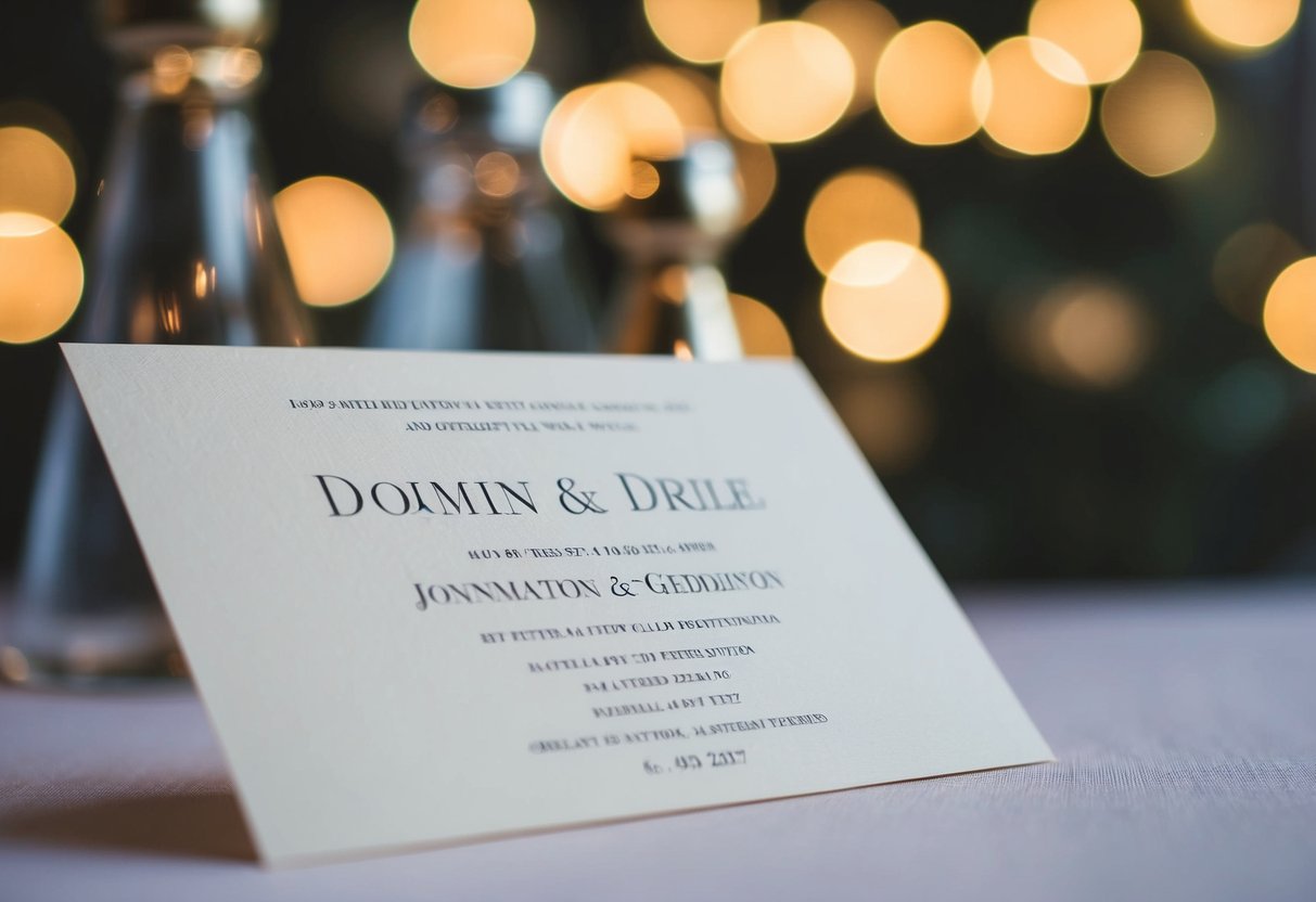 A wedding invitation with two names and a date displayed prominently