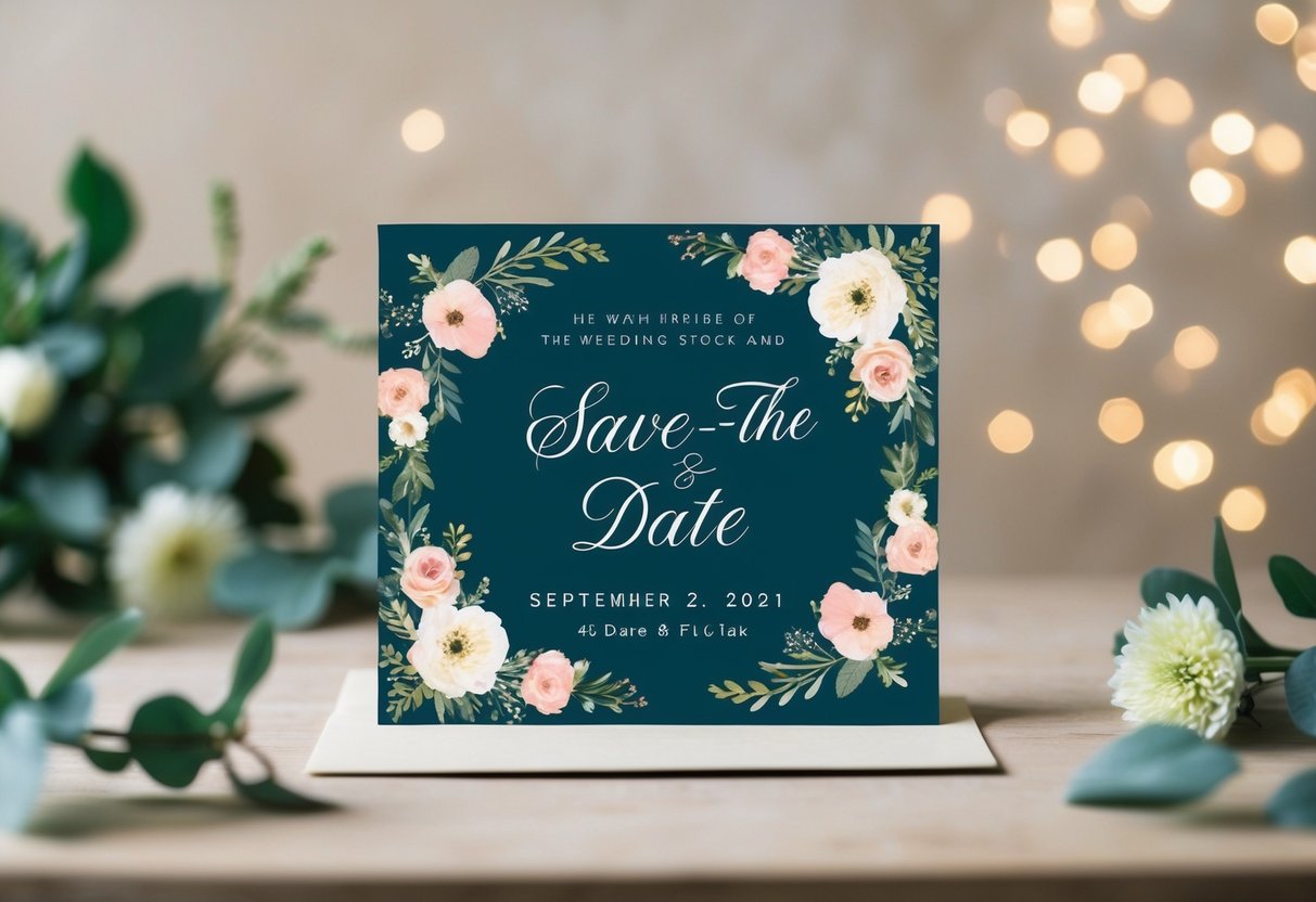 A wedding save-the-date card with the couple's names centered and surrounded by floral designs