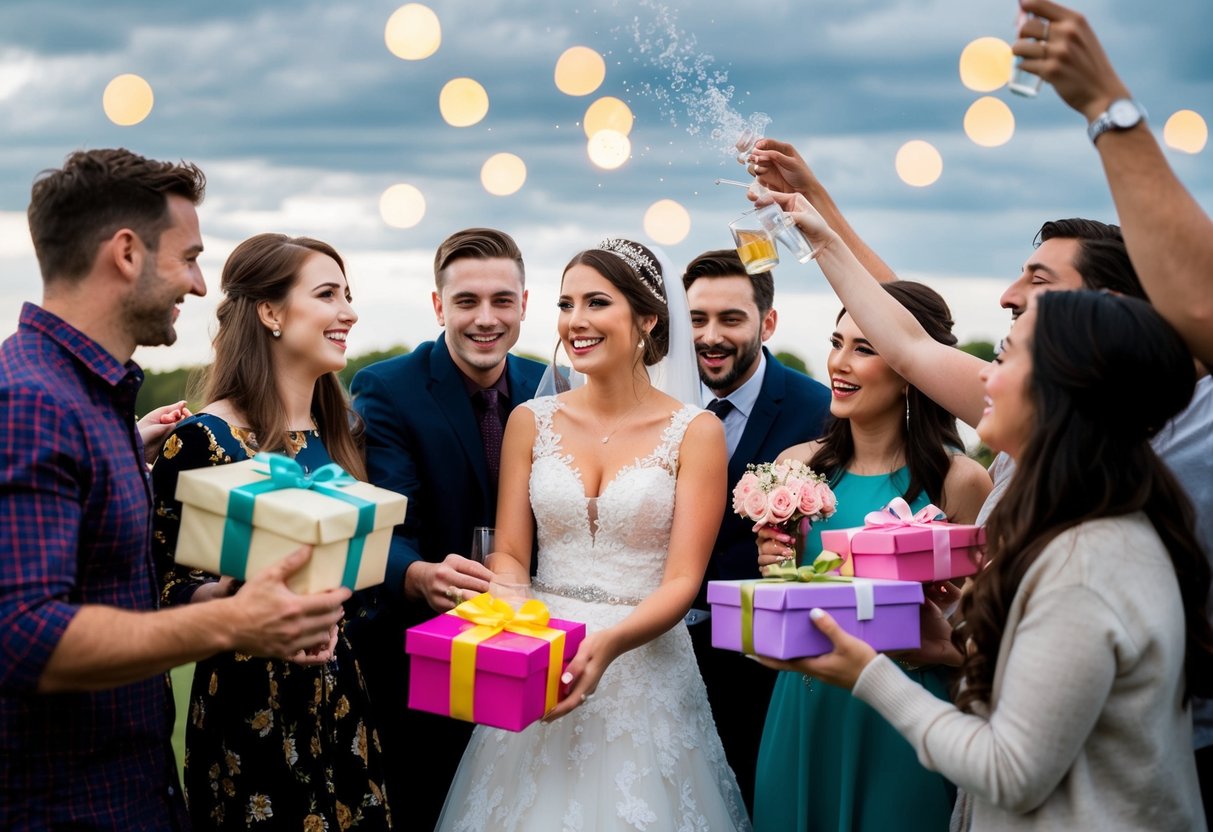 A group of friends gather to celebrate and shower the bride-to-be with gifts and well-wishes