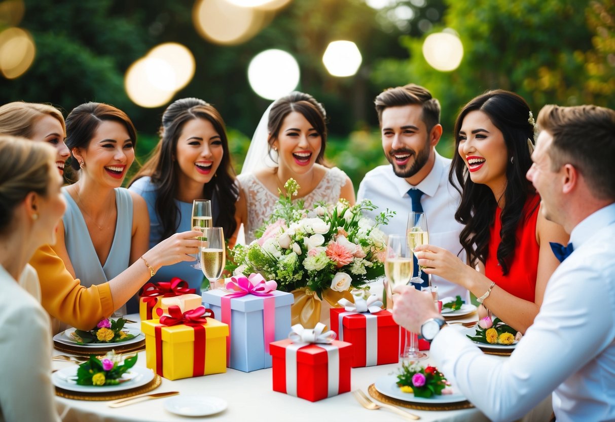 A group of friends gather around a beautifully decorated table with gifts and flowers, celebrating the upcoming wedding with laughter and joy