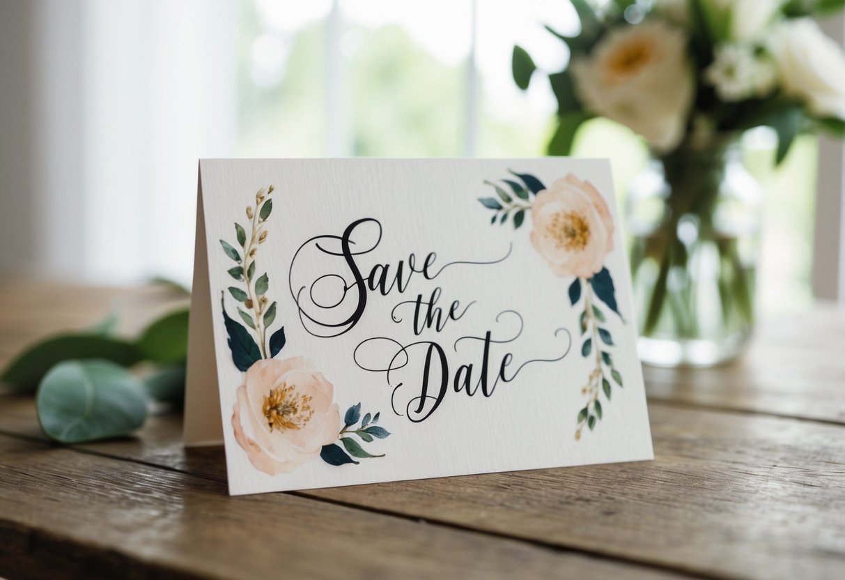 A wedding save the date card with elegant calligraphy and floral design, placed on a rustic wooden table with soft natural lighting