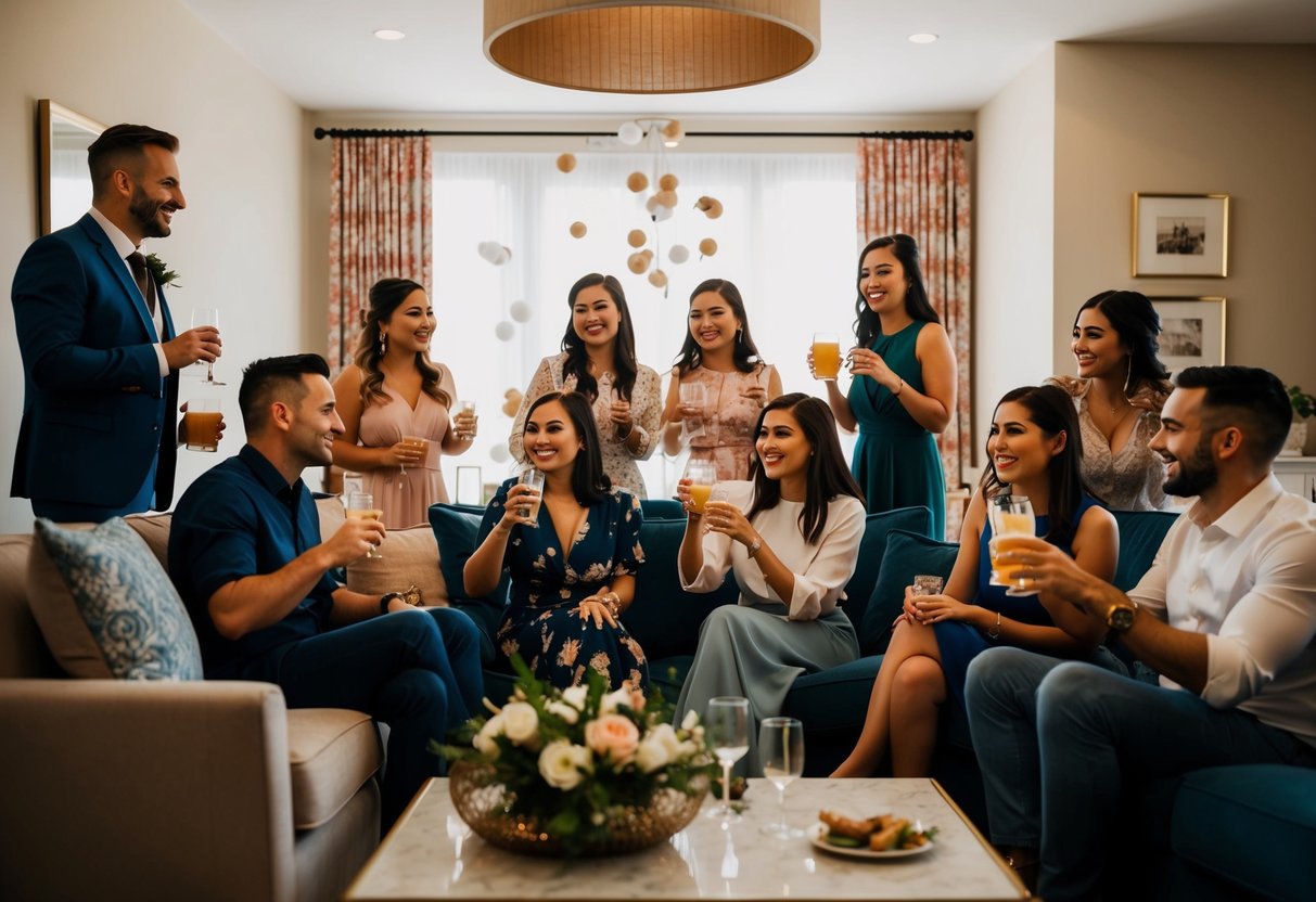 A group of friends gather in a decorated living room, sipping drinks and chatting happily as they celebrate the upcoming wedding
