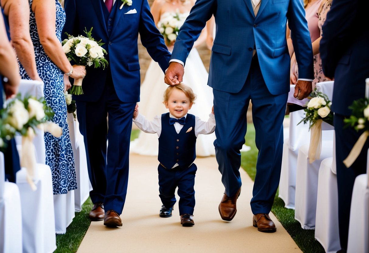 A young child walks the grandparents down the aisle, holding their hands with a big smile on their face