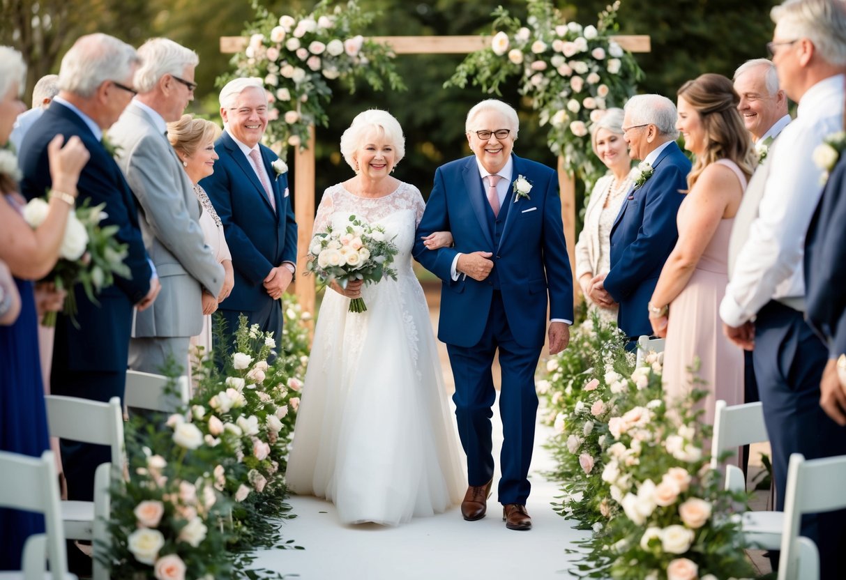 Grandparents are walking down the aisle, surrounded by flowers and decorative elements, with a sense of pride and joy in the air