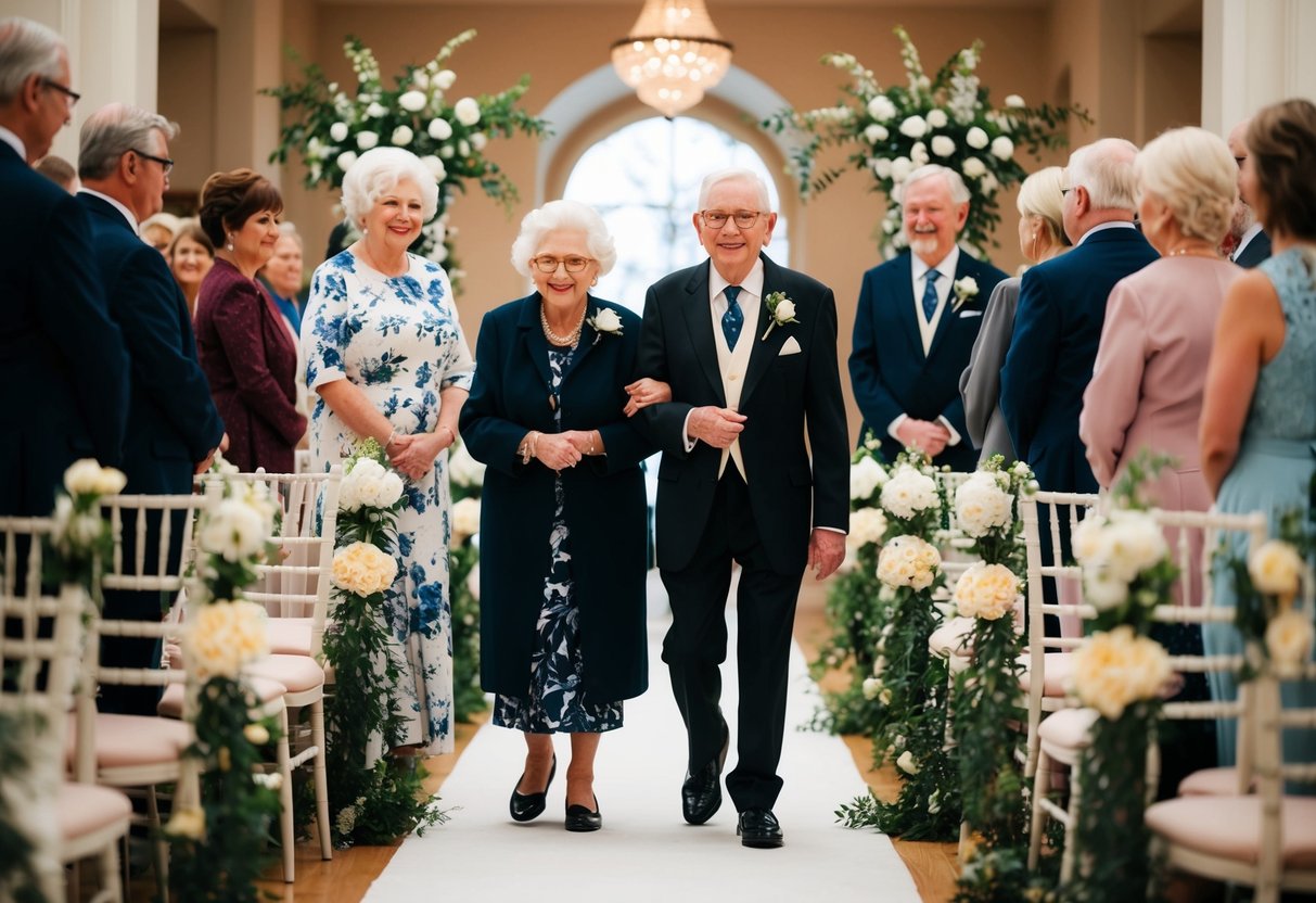 Elderly figures walking down the aisle, flanked by floral decorations and elegant seating