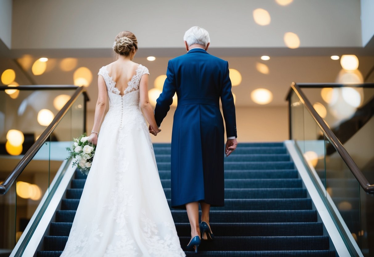 A figure walks beside the mother of the bride, their steps in sync as they descend together