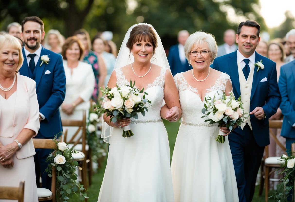 A proud mother of the bride walks arm in arm with the mother of the groom, both beaming with joy as they make their way down the aisle