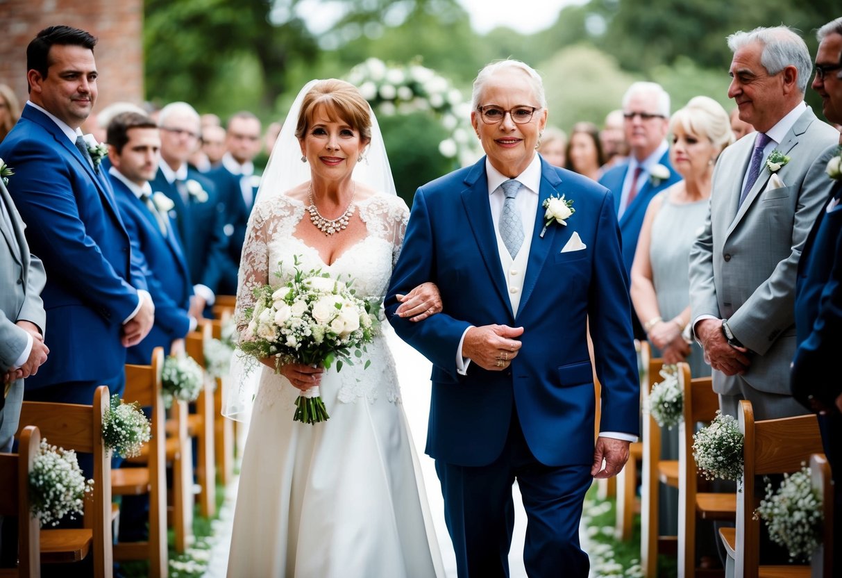 The mother of the bride walks down the aisle with the groom's father
