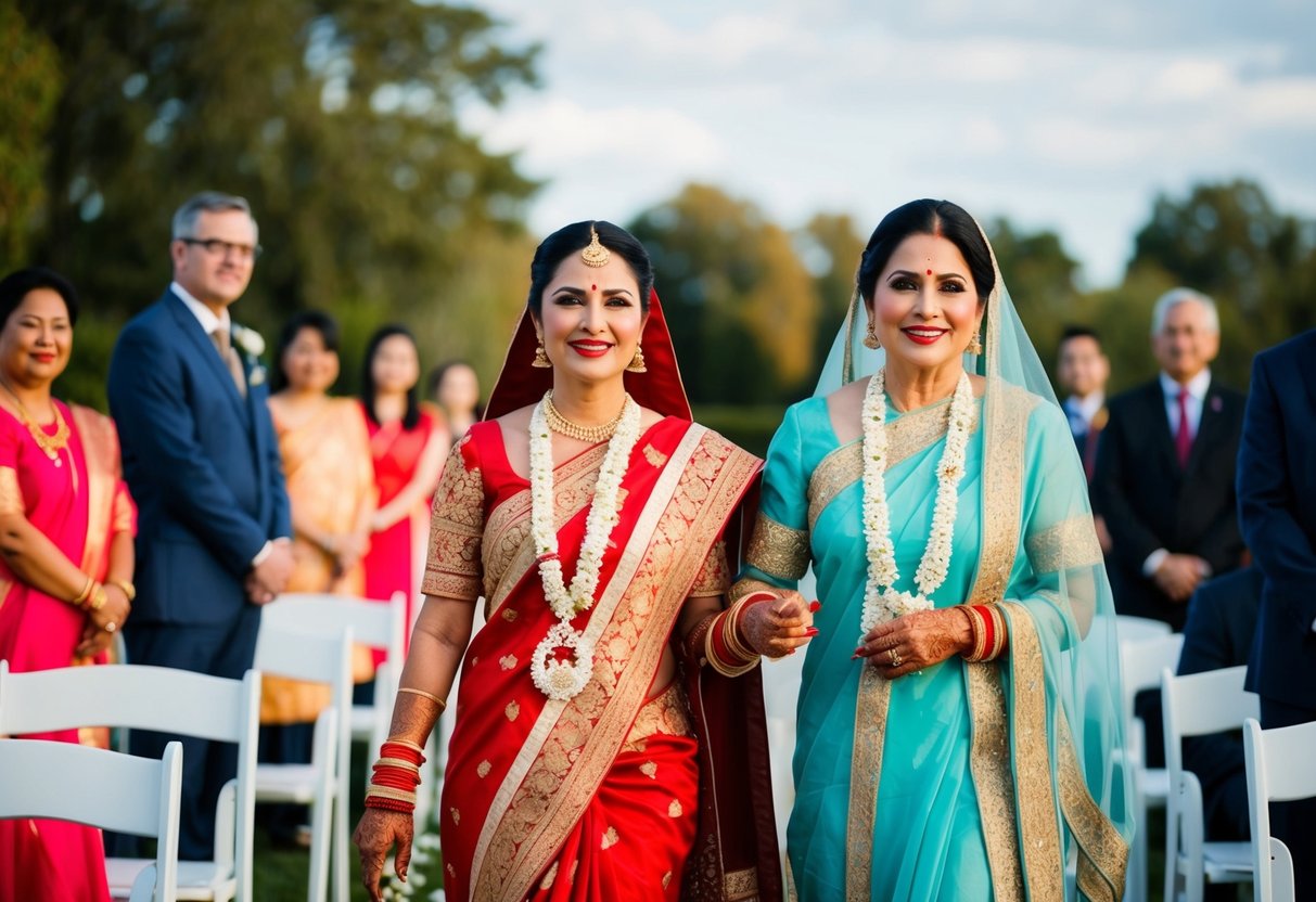 A woman walks down the aisle with the mother of the bride, both wearing traditional cultural attire