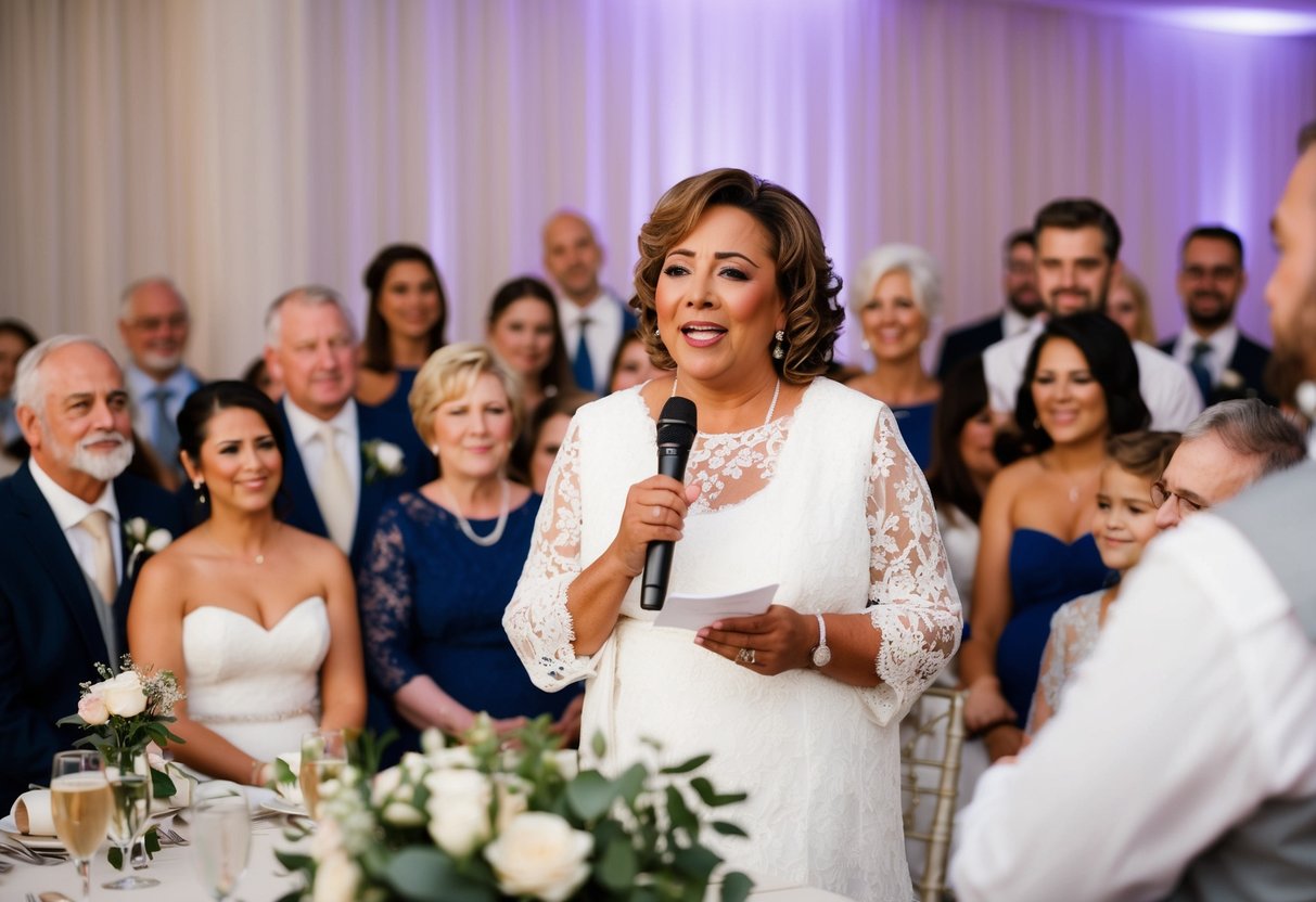A mother stands at a wedding reception, surrounded by family and friends. She holds a microphone and speaks with emotion and pride, her words touching the hearts of the newlyweds and guests