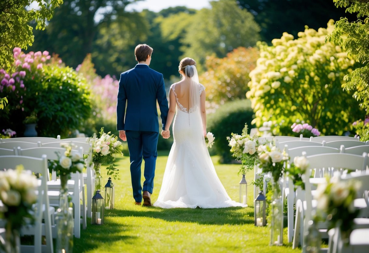 A figure stands at the end of the aisle, waiting to accompany the bride. The setting is a serene, sunlit garden with blooming flowers and lush greenery