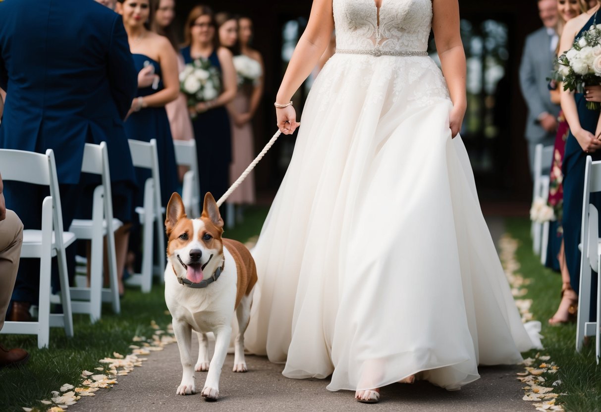 A woman in a flowing gown is accompanied down the aisle by a loyal and loving dog