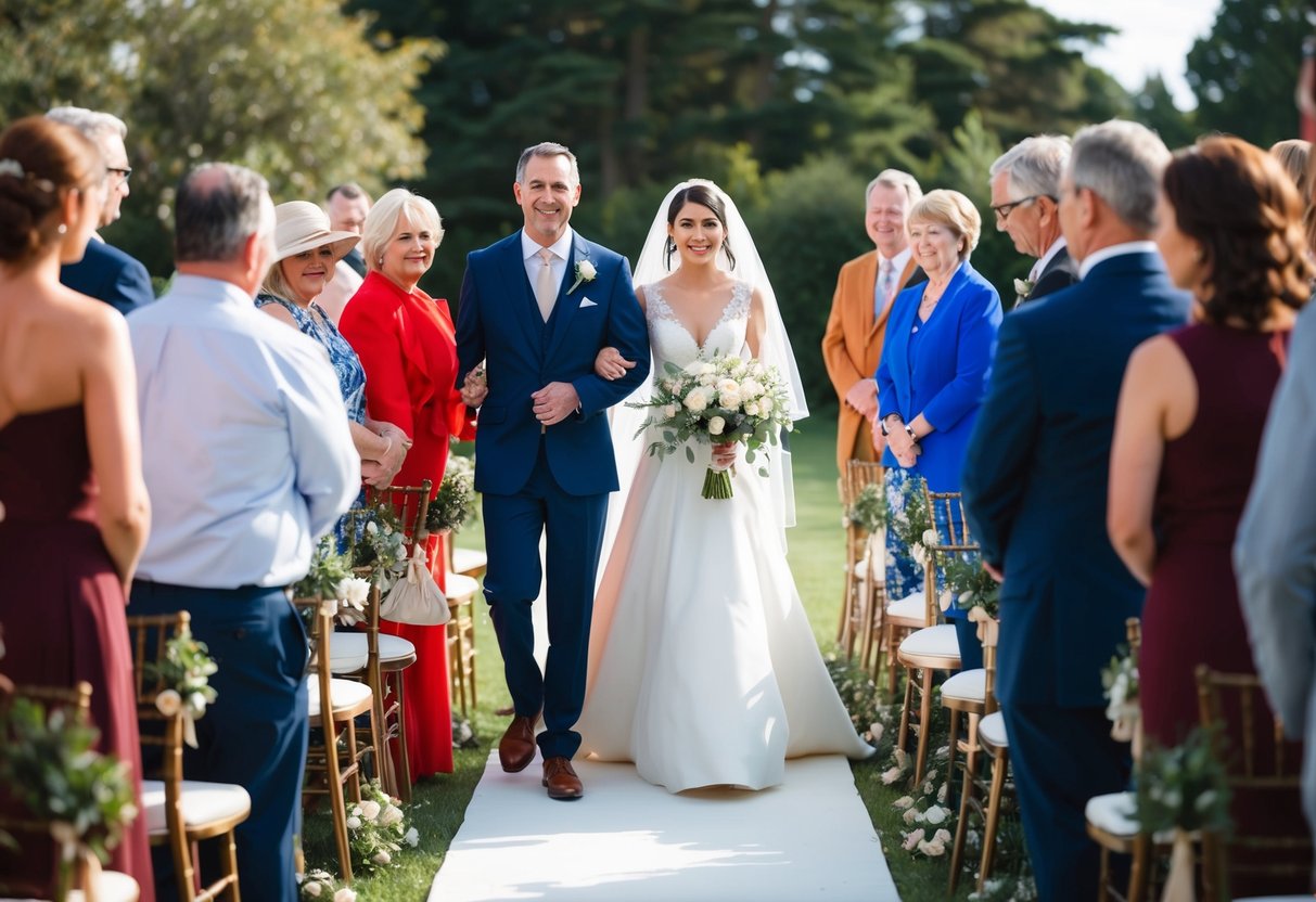 A figure leads the bride down the aisle, surrounded by loved ones