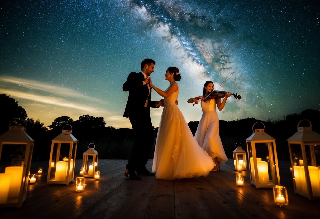 A couple dances under a starry sky, surrounded by flickering candlelight and the soft glow of lanterns, as a musician plays a hauntingly beautiful melody on a violin