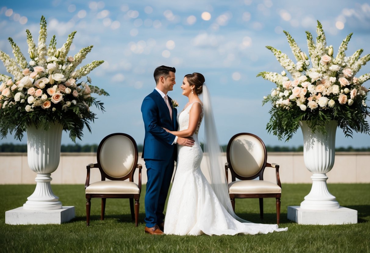 A bride and groom stand close together, surrounded by two rows of two large flower arrangements, with two elegant chairs in the center