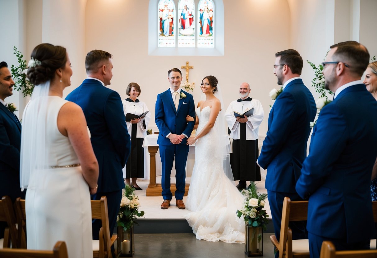 A bride and groom stand at the altar, surrounded by two witnesses and two officiants, adhering to the "2 2 2 rule" for a small, intimate wedding ceremony