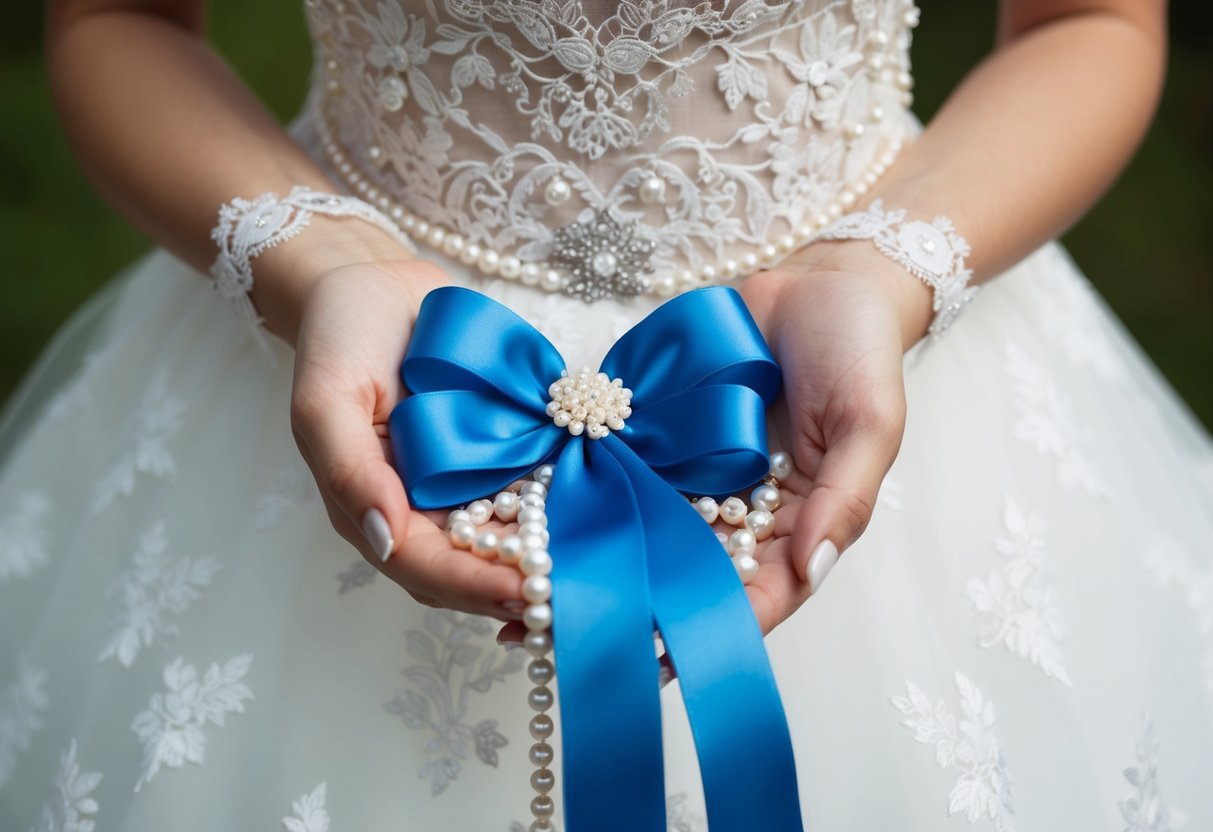 A bride holds a delicate blue silk ribbon, surrounded by white lace and pearls