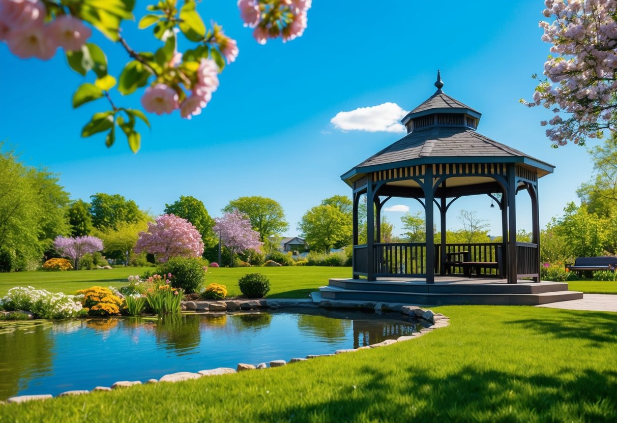 A sunny day in June, with blooming flowers and a clear blue sky. A picturesque outdoor setting with a gazebo and a tranquil pond