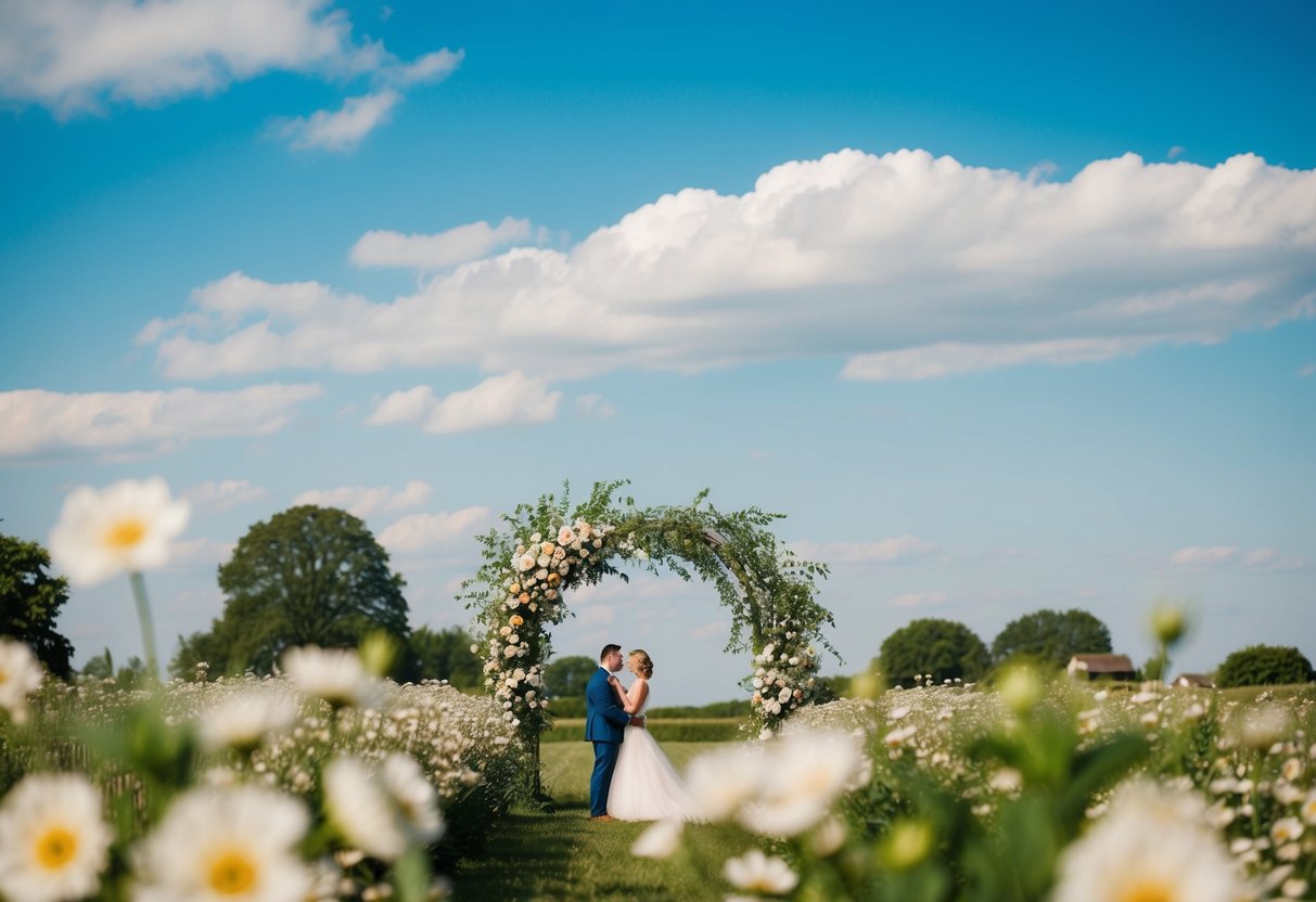 A serene countryside wedding in June, with blooming flowers and a clear blue sky, to capture the beauty of a budget-friendly summer celebration