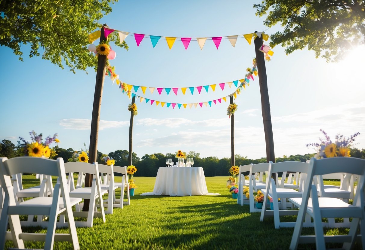 A bright, sunny outdoor wedding with colorful decorations and a simple, elegant setup. The scene exudes a joyful and budget-friendly atmosphere