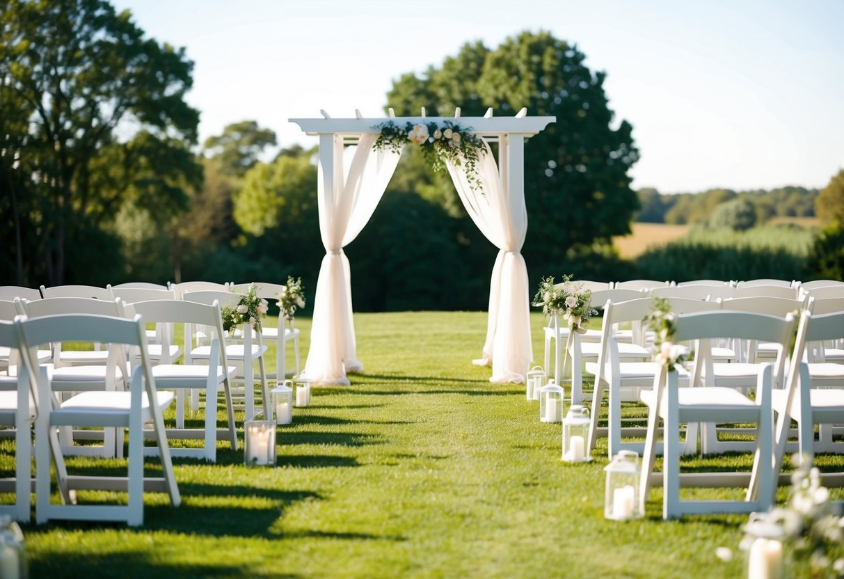 A serene outdoor wedding venue with a simple arbor and chairs set up for a small ceremony on a sunny weekday afternoon