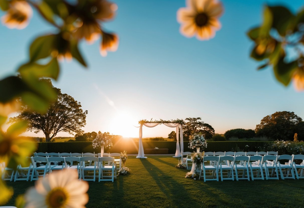 A serene outdoor wedding venue with a clear blue sky, blooming flowers, and a setting sun casting a warm glow over the scene