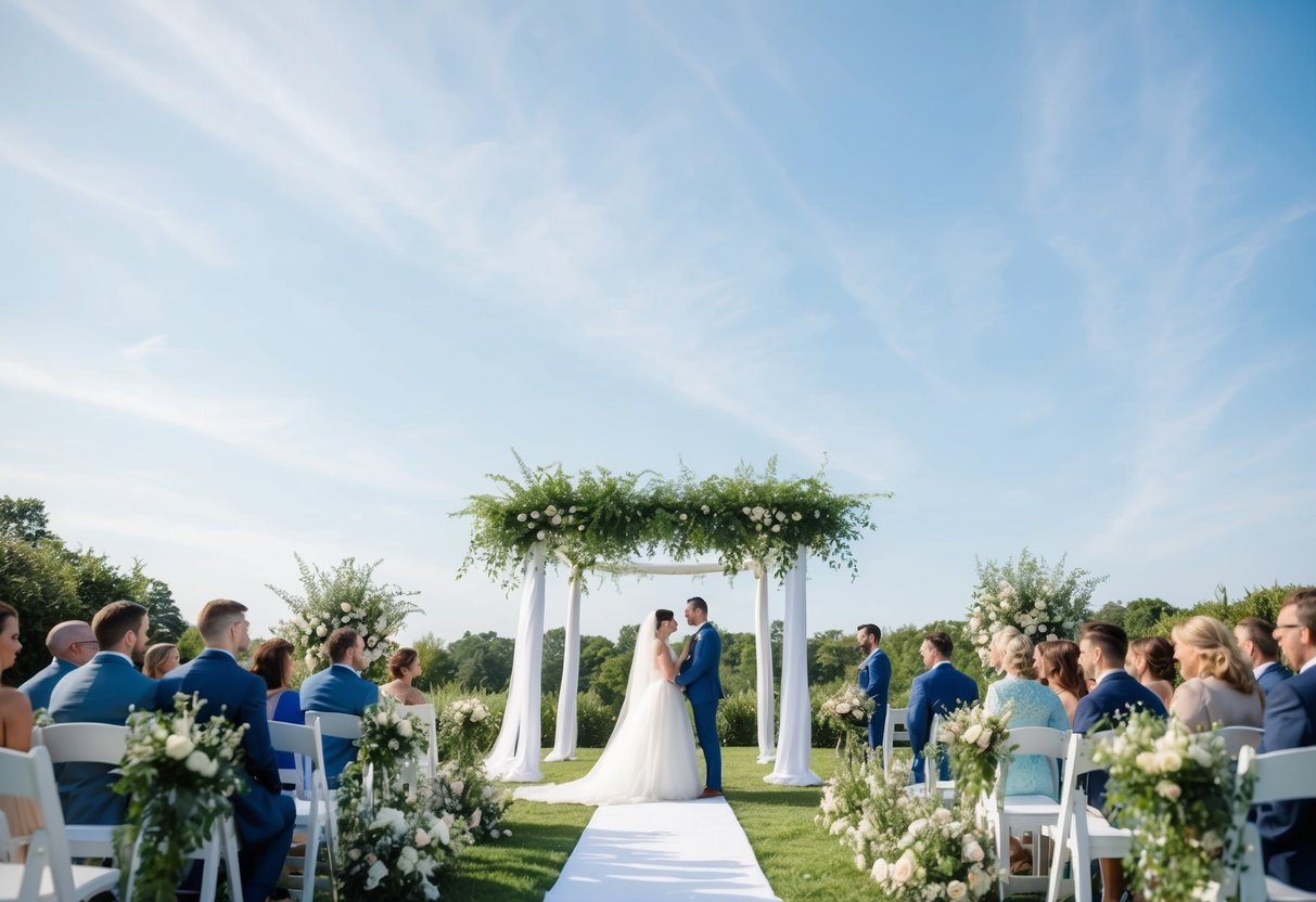 A serene outdoor wedding ceremony under a clear blue sky, with simple and elegant decor, surrounded by lush greenery and blooming flowers
