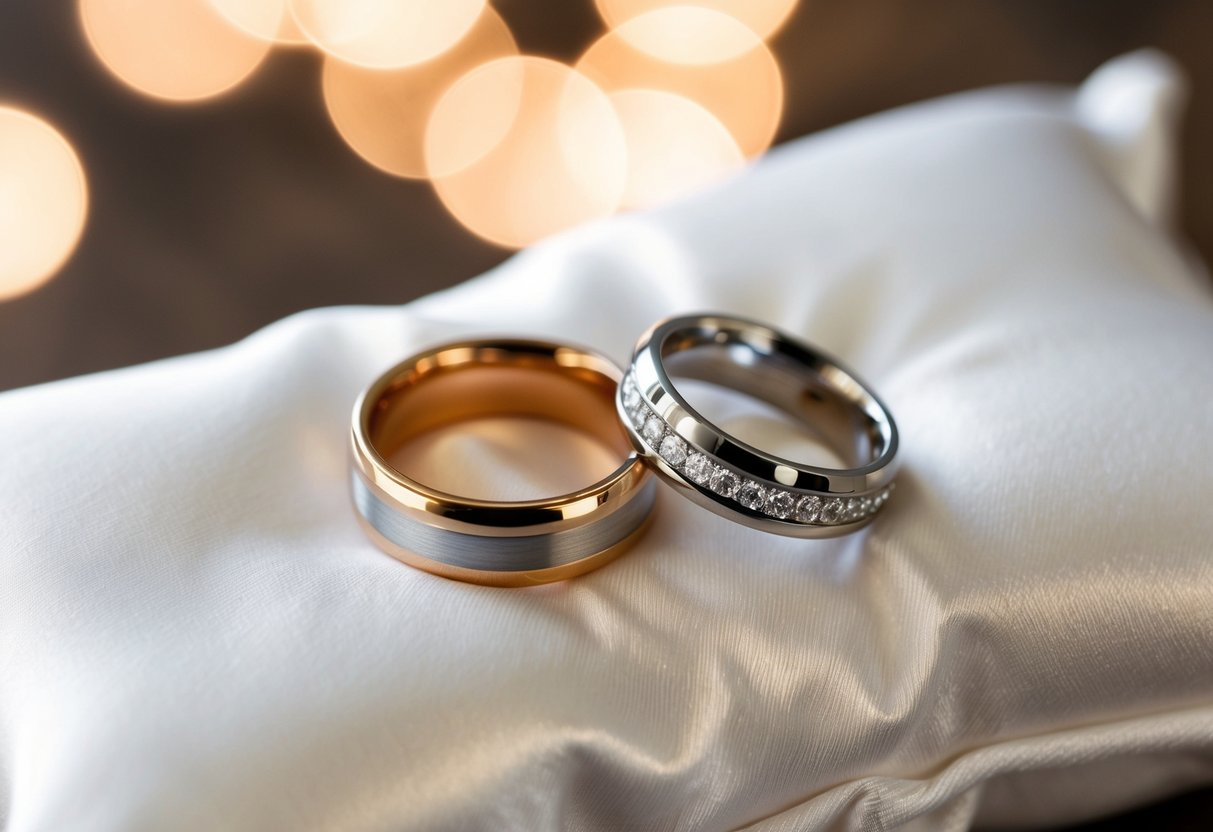 A bride and groom's wedding rings placed side by side on a white satin pillow