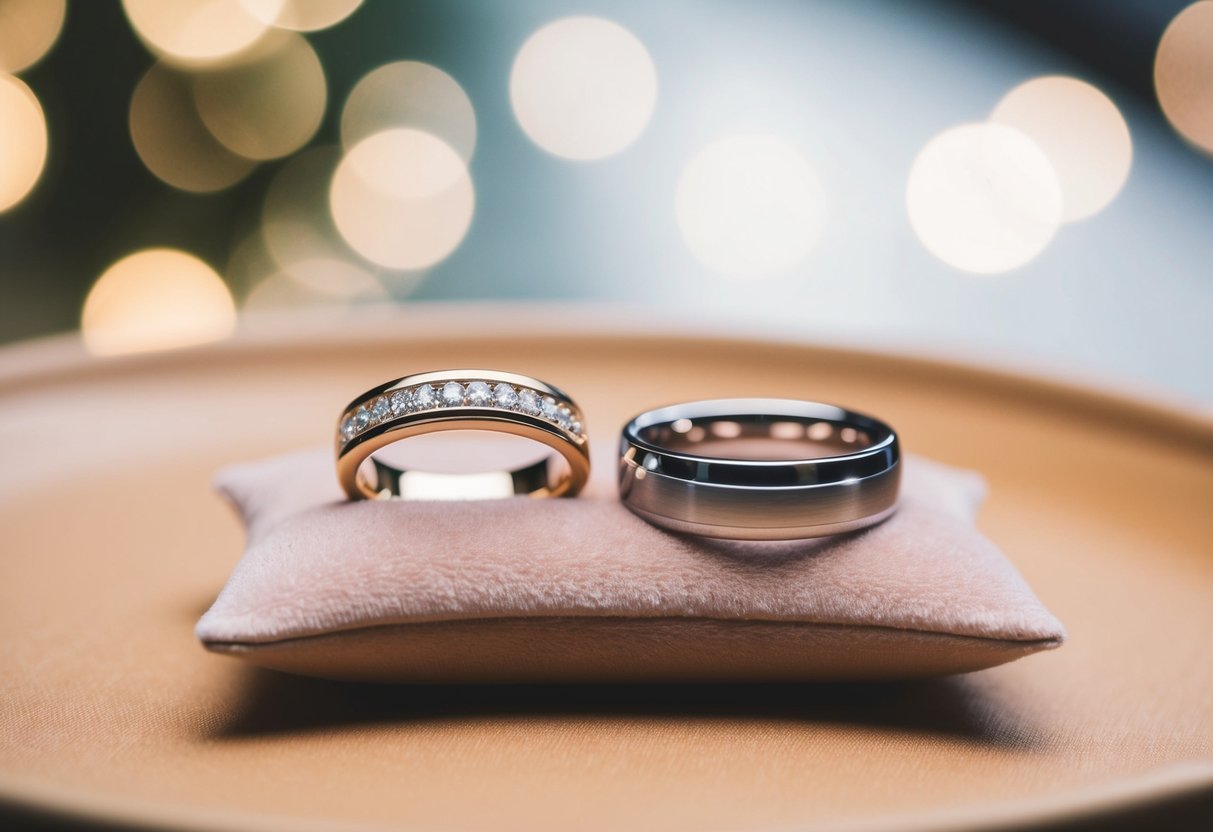 Two wedding rings resting on a soft, velvet cushion, side by side