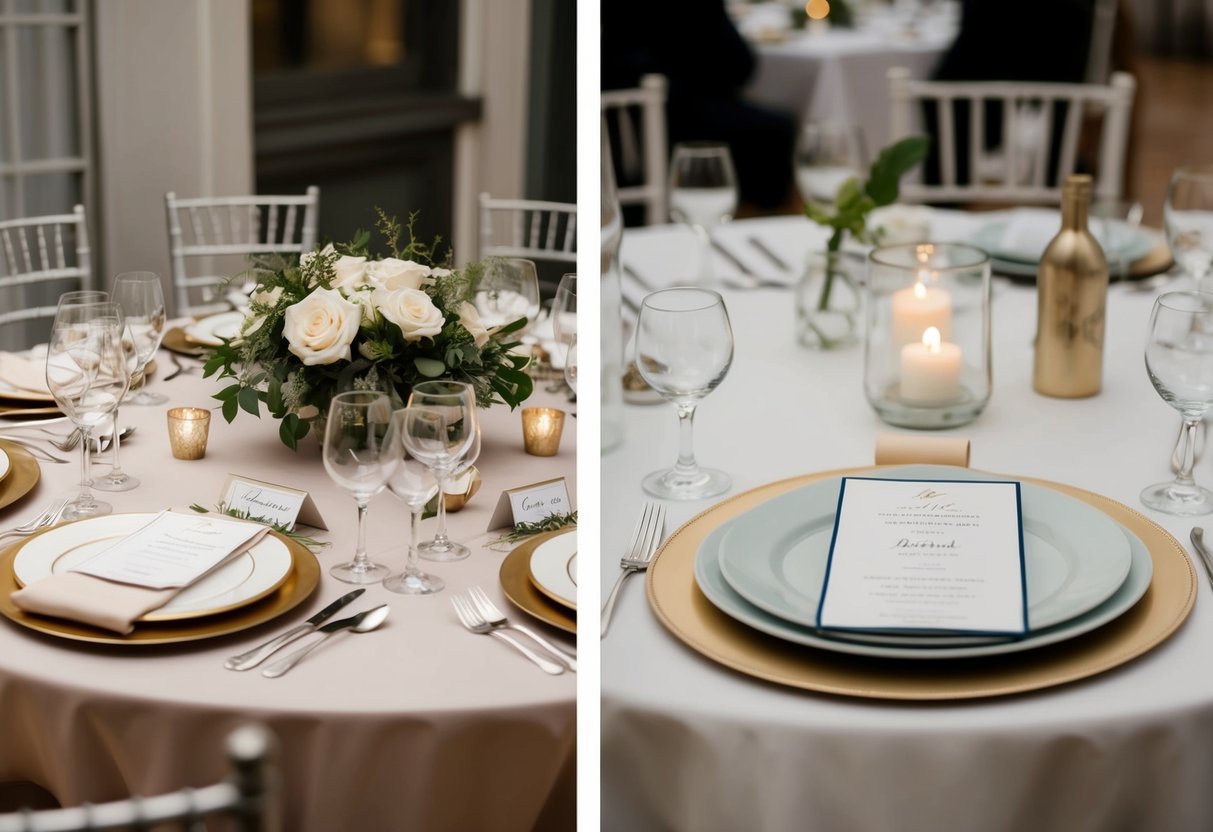A table set with formal place settings and elegant decor for a groom's dinner, while a more casual and relaxed setting with simple tableware for a rehearsal dinner