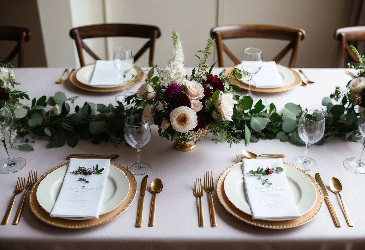 A table set with elegant place settings and a floral centerpiece, with two separate settings for the groom's dinner and the rehearsal dinner
