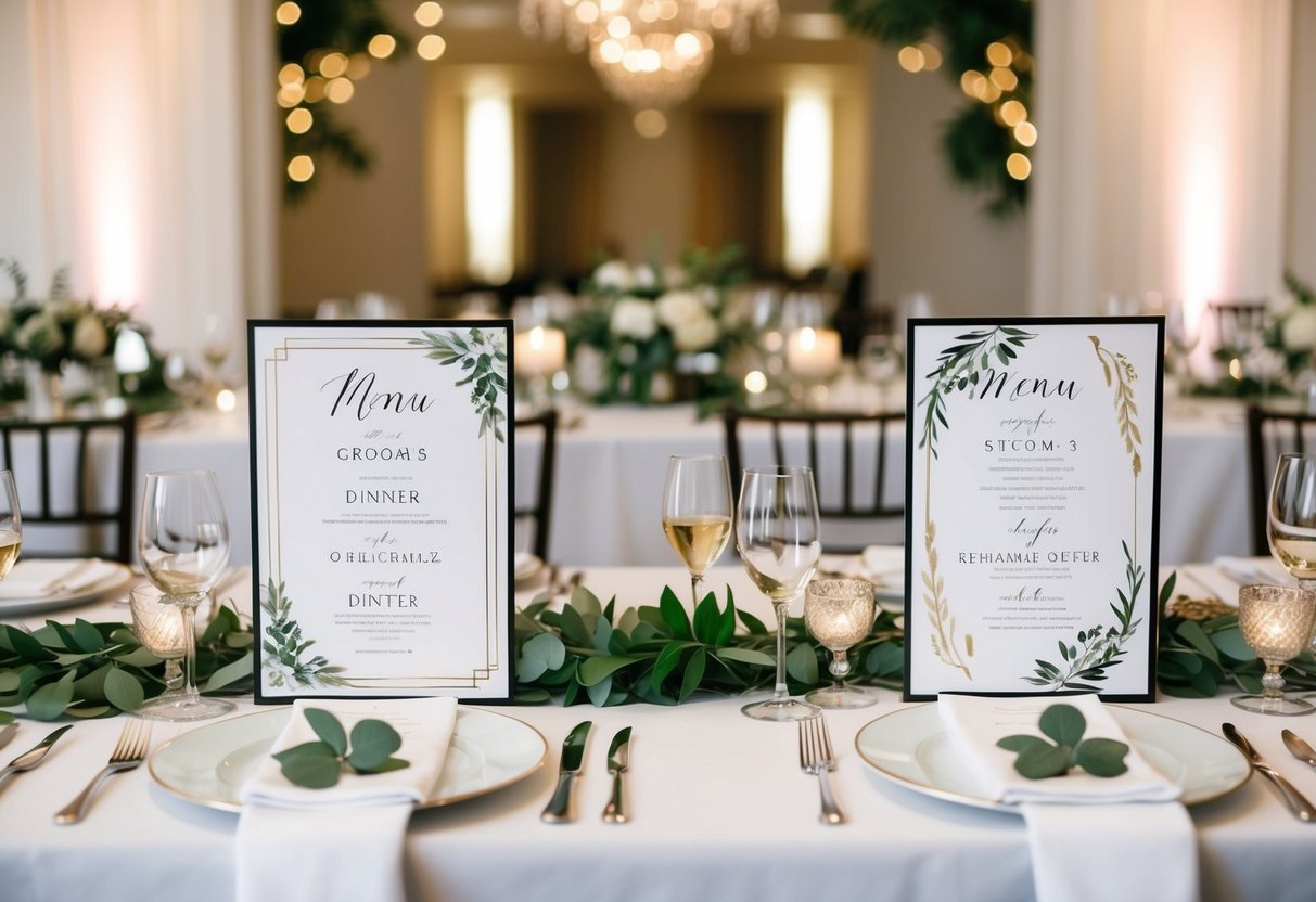 A table set with formal place settings and elegant decor, with a menu for a groom's dinner on one side and a menu for a rehearsal dinner on the other