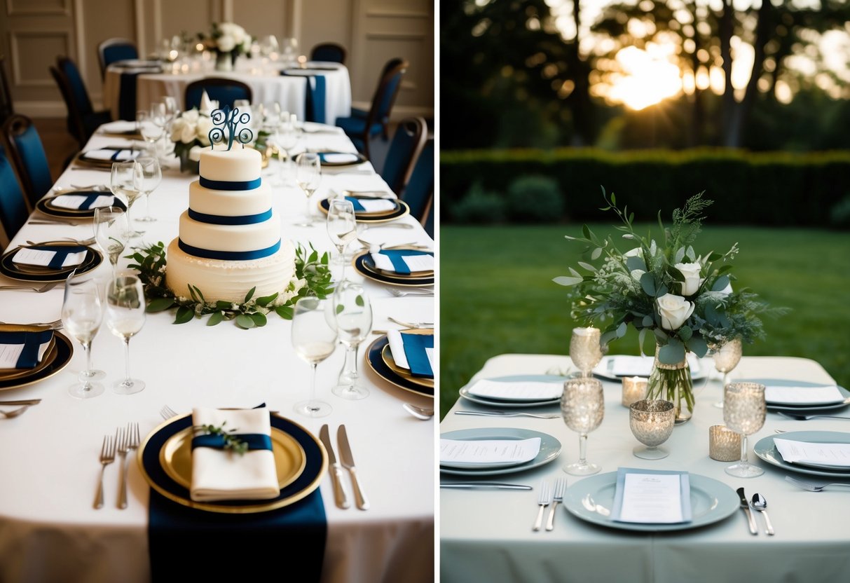 A table set for a formal dinner with a groom's cake and decorations, while another table is set for a casual rehearsal dinner with simple centerpieces and place settings