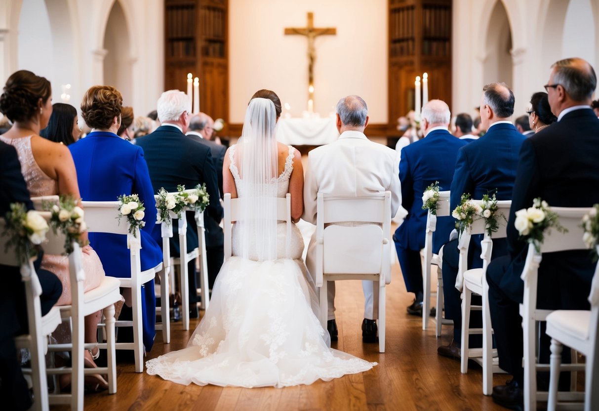 Parents sit in the front row, facing the altar. Mother of the bride sits on the left, father of the groom on the right