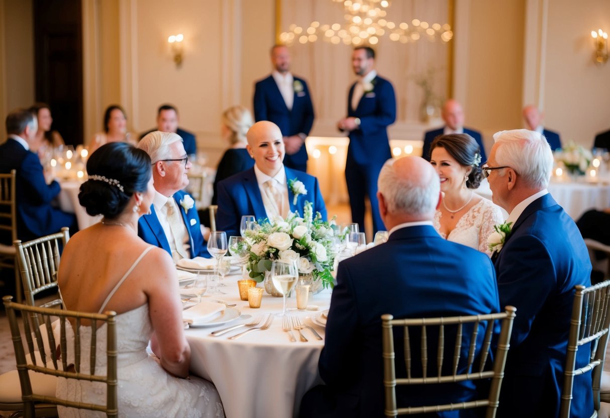 Parents seated at a round table with elegant place settings, facing the bride and groom's table at a wedding reception