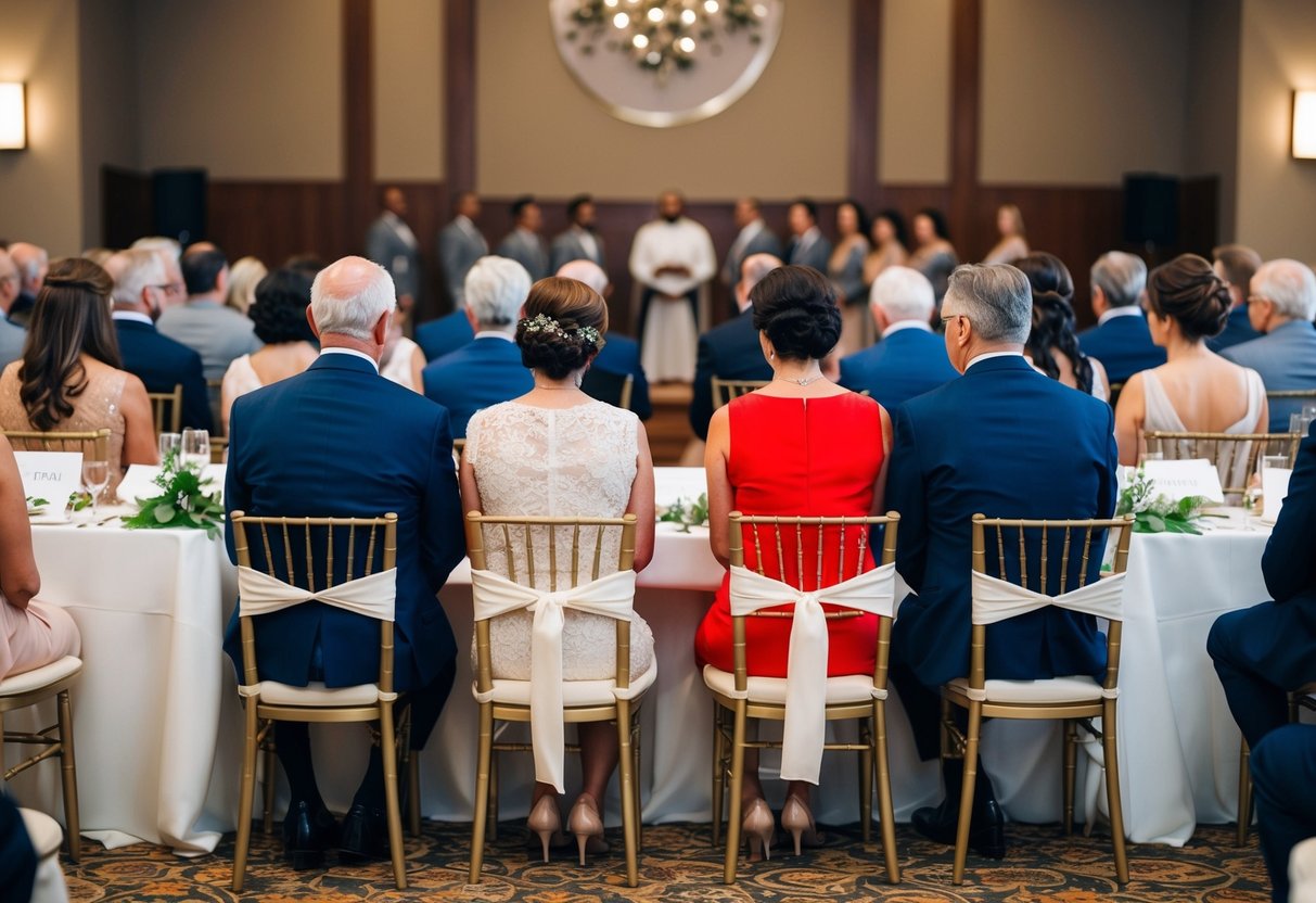 Parents seated in designated area near the front, facing the ceremony. Each pair placed at a round table with name cards