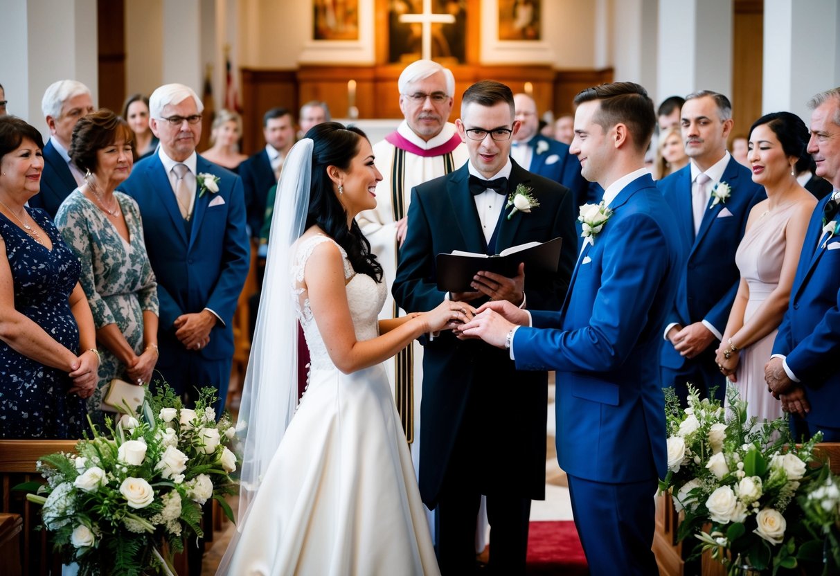A bride and groom stand at the altar, surrounded by family and friends. The officiant speaks first, followed by any readings or musical performances, and then the couple exchange their vows and rings