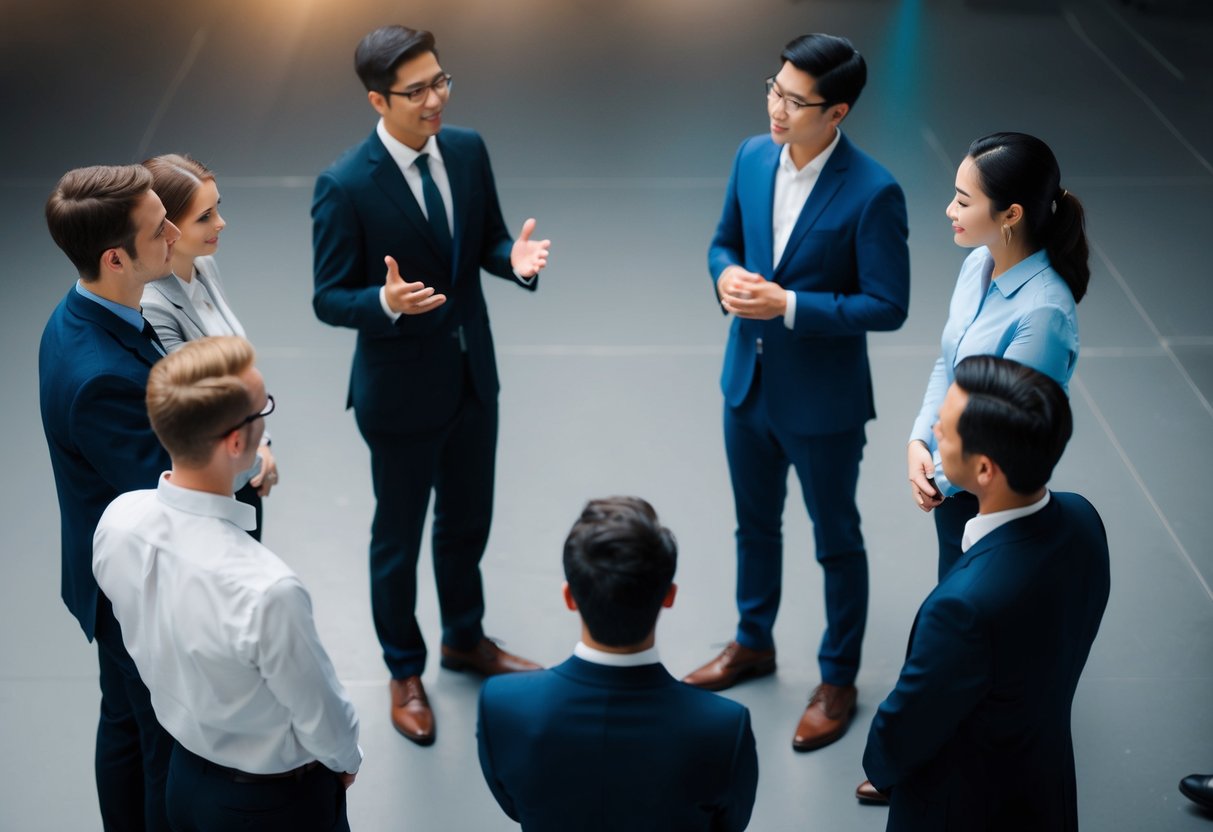 A group of individuals stands in a semi-circle, with one person at the center speaking, while others listen attentively
