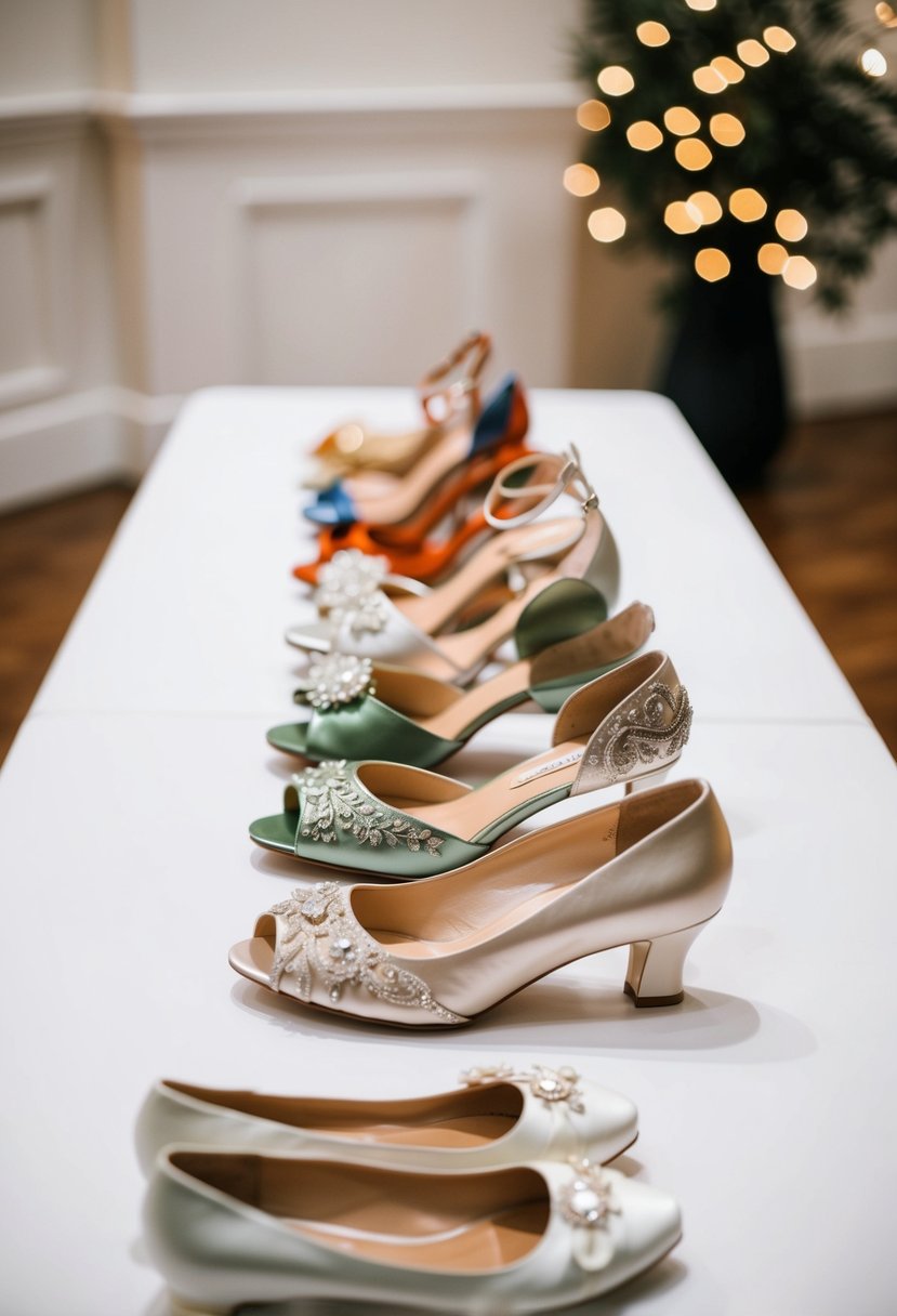 A table with various elegant wedding shoe designs displayed on a white background