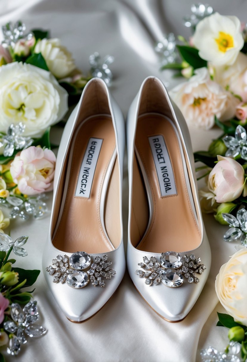 A pair of Badgley Mischka Cher II Pumps on a luxurious white satin background, surrounded by delicate floral arrangements and sparkling crystal accents