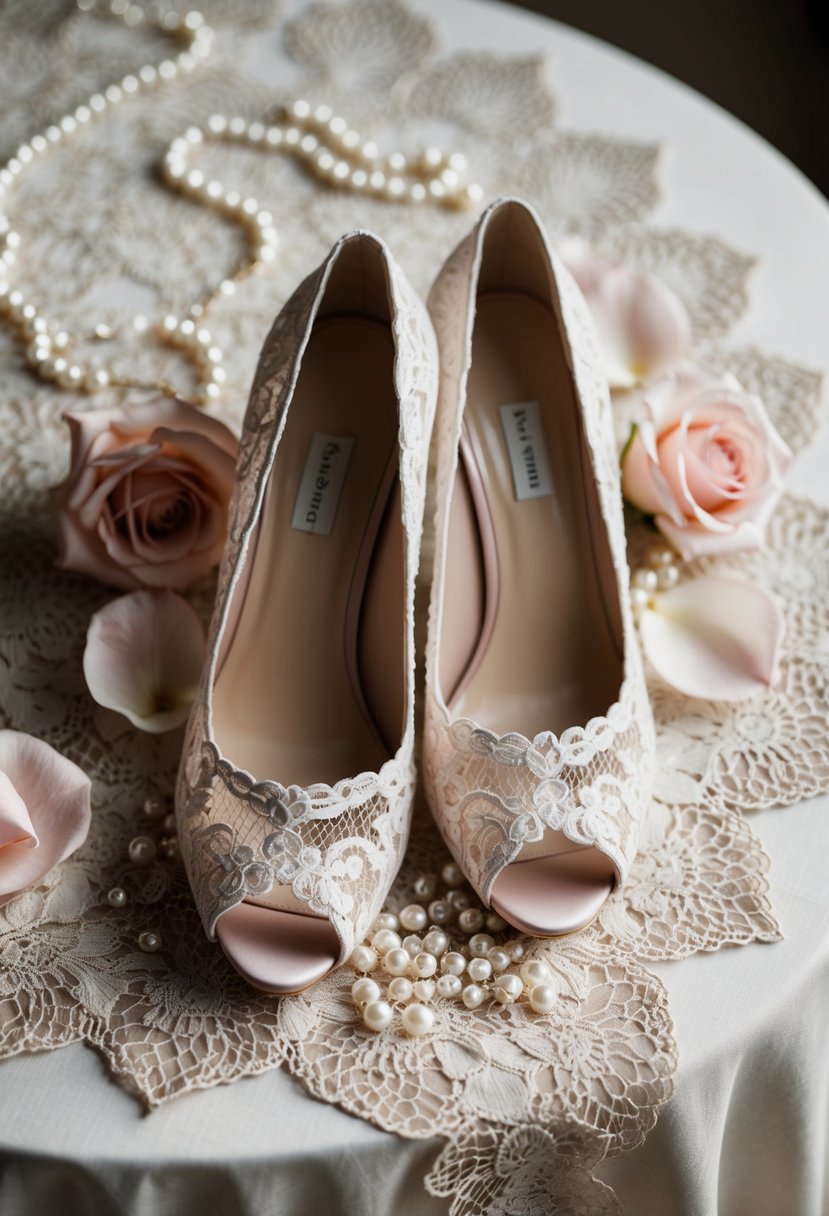 A pair of delicate lace heels sits on a vintage lace table runner, surrounded by soft blush rose petals and a scattering of shimmering pearls